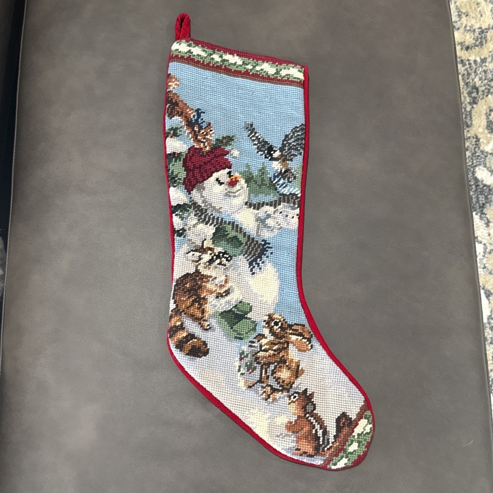 Vintage Frosty Snowman Winter Animals Needlepoint Stocking HandMade EUC